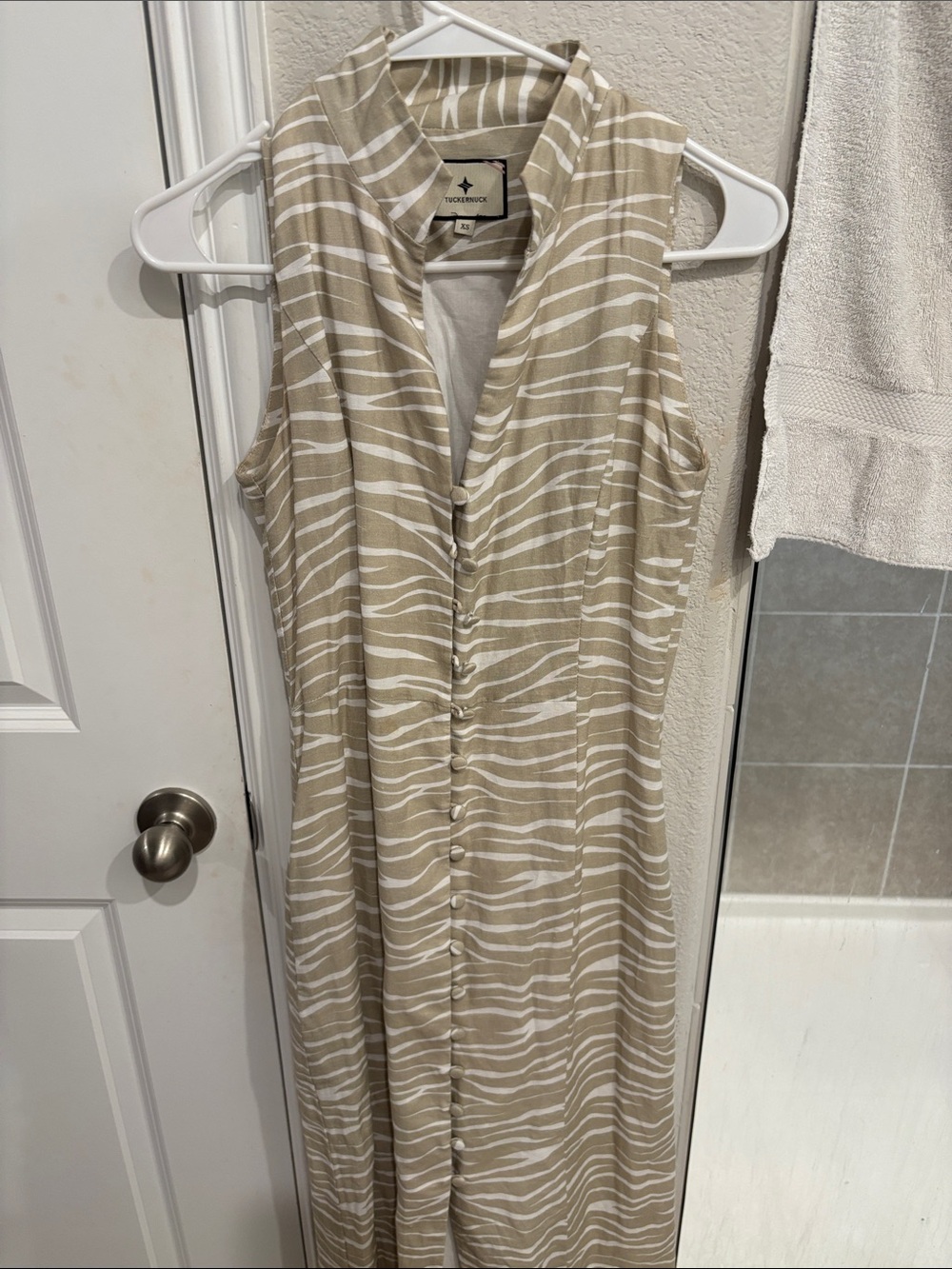 Tuckernuck Sleeveless Button-Front Maxi Dress in Beige Zebra Stripe